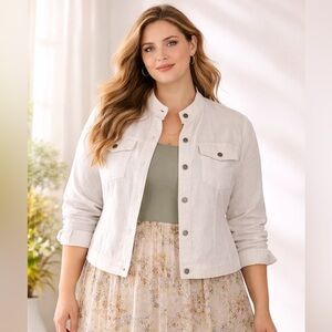 100% linen, women's button-down jacket with mandarin collar, size 1X